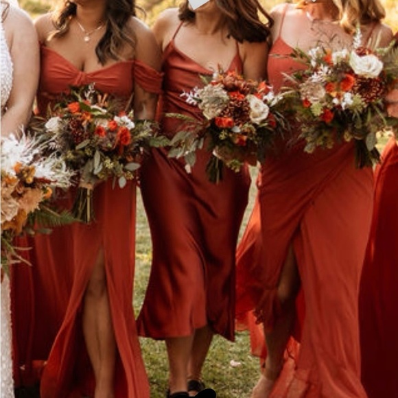 Dessy red orange satin bridesmaid dress, size 2 - Picture 1 of 3